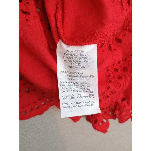 Madewell Top Women's Small Red Scalloped Eyelet Keyhole Peplum Back Top Ties - Picture 4 of 6